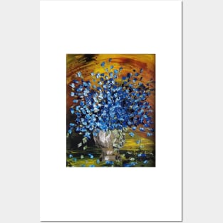 Blue Flowers, Blue Vintage Flowers, Vintage Decor, Blue Flowers on gold, Modern Impressionism, Floral decor, blue decor Posters and Art